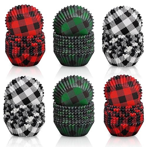 Whaline 600Pcs Christmas Cupcake Liners Buffalo Plaids Cupcake Wrappers Red