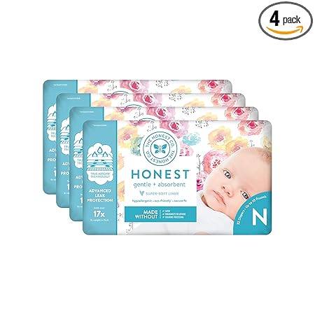 The Honest Company Diapers - Newborn, Size 0 - Rose Blossom Print | TrueAbsorb Technology | Plant-Derived Materials | Hypoallergenic | 32 Count (Pack of 4)