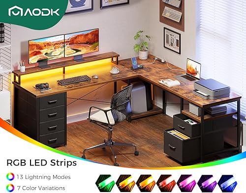 Miniatura 6 de AODK 66" L Shaped Computer Desk, 113“ Reversible Home Office Desk with File Cabinet & 4 Fabric Drawers, Two Person Desk with LED Lights & Power