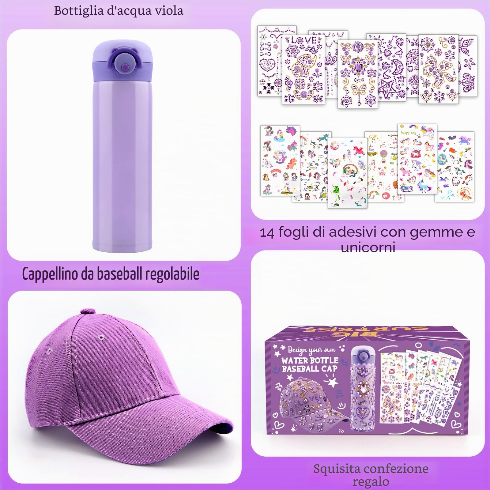 Regalo Bambina 4 5 6 7 8 9 10 11 Anni, Kit Borraccia e Berretto da Baseball Fai Da Te con Gemma e Unicorno Adesivi, Compleanno Regali per Ragazze DIY Bottiglia D'acqua e Cappellino da Baseball