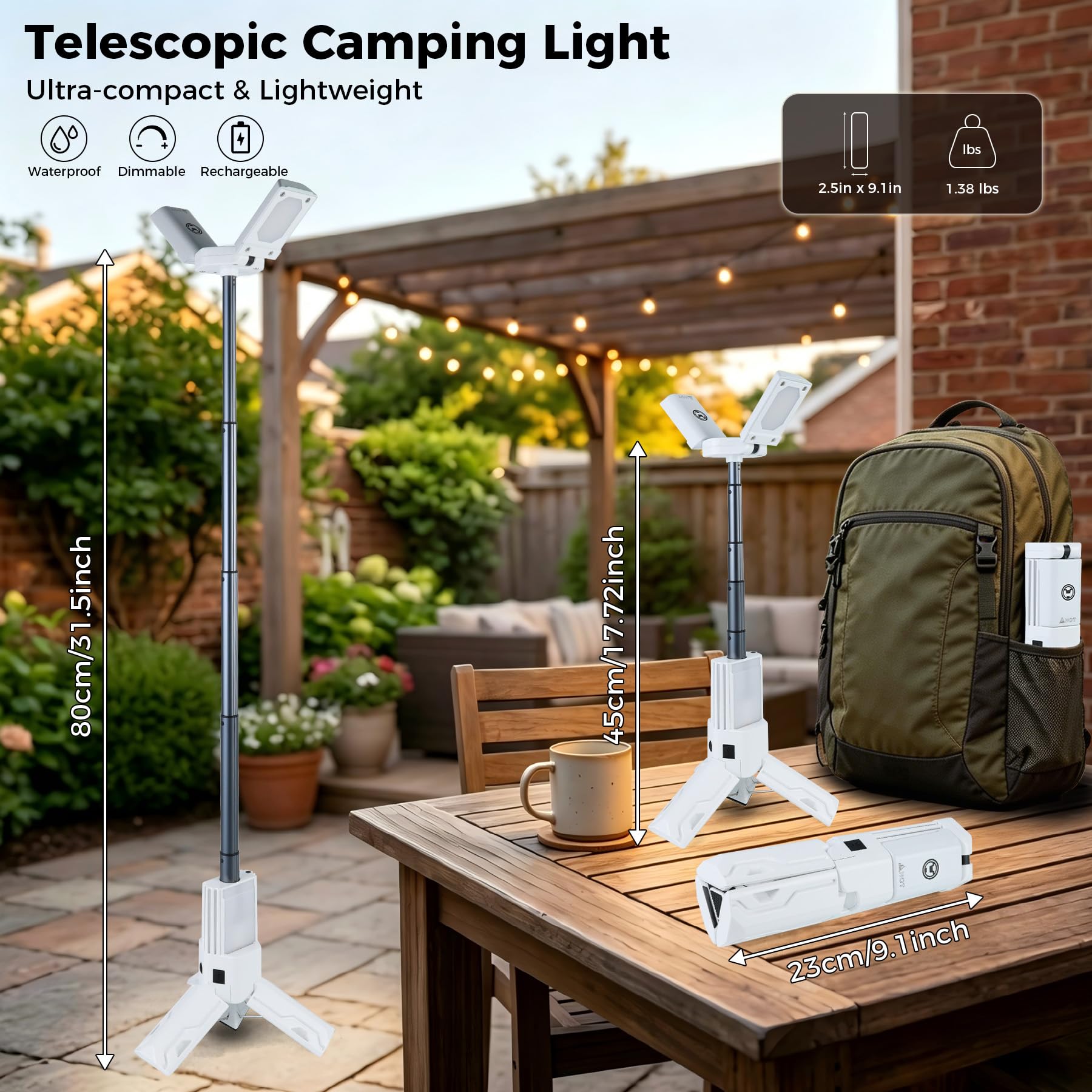Lampada da campeggio telescopica ricaricabile con illuminazione calda continua, lanterna da campeggio ambientale portatile con dimmerabile e emergenza SOS per campeggio tenda camper e cortile