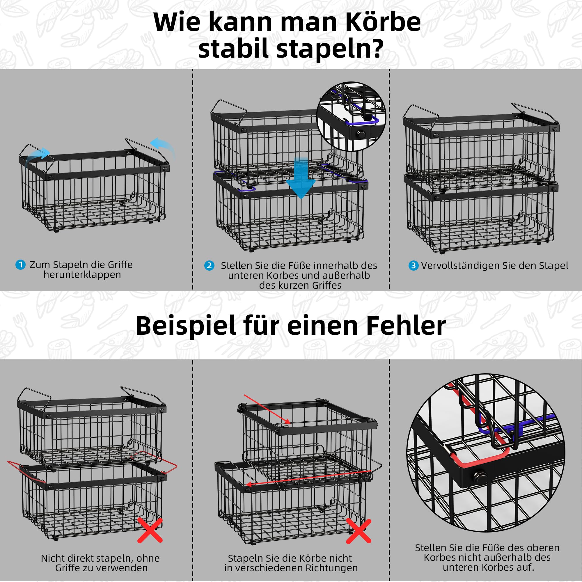 Gefriertruhe Korb Stapelbar Gefrierschrank Organizer Stapelkörbe Schwarz 38.5x30.7x78 cm