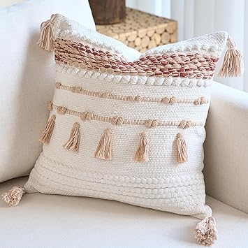 Handmade Decorative Pillow Cover Boho Accent Woven Textured Square Throw Pillow Case for Couch Sofa Farmhouse Living Room Home Decor 18