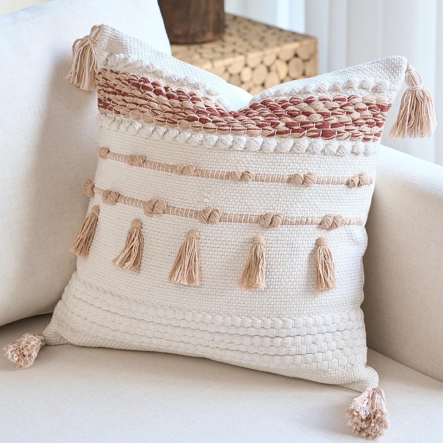 DEZENE Handmade Decorative Pillow Cover Boho Accent Woven Textured Square Throw Pillow Case for Couch Sofa Farmhouse Living