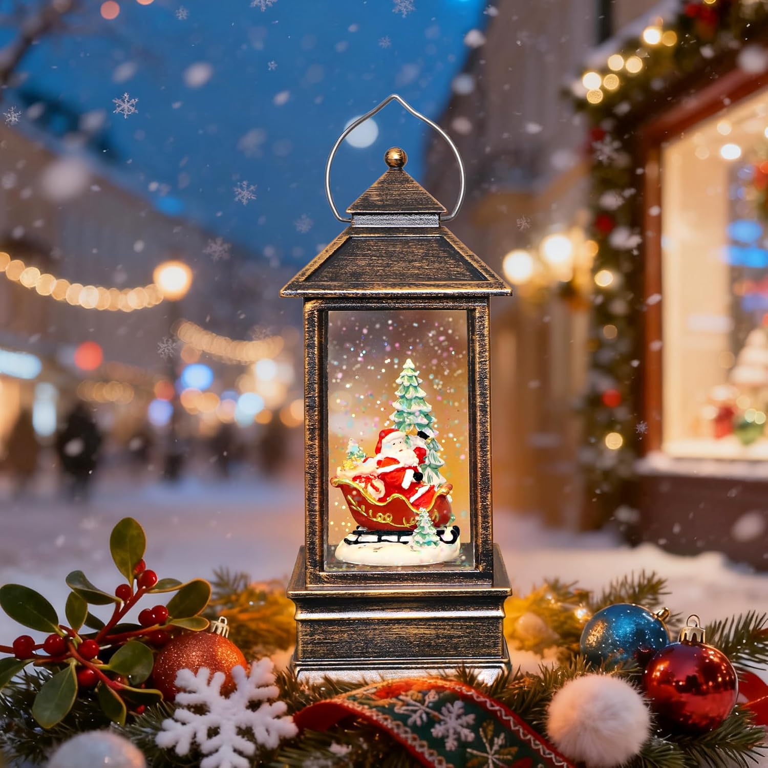 Santa Christmas Snow Globe Lantern - Battery Operated Musical Snow Globe with LED Lights & Holiday Songs, Festive Christmas Decor for Home