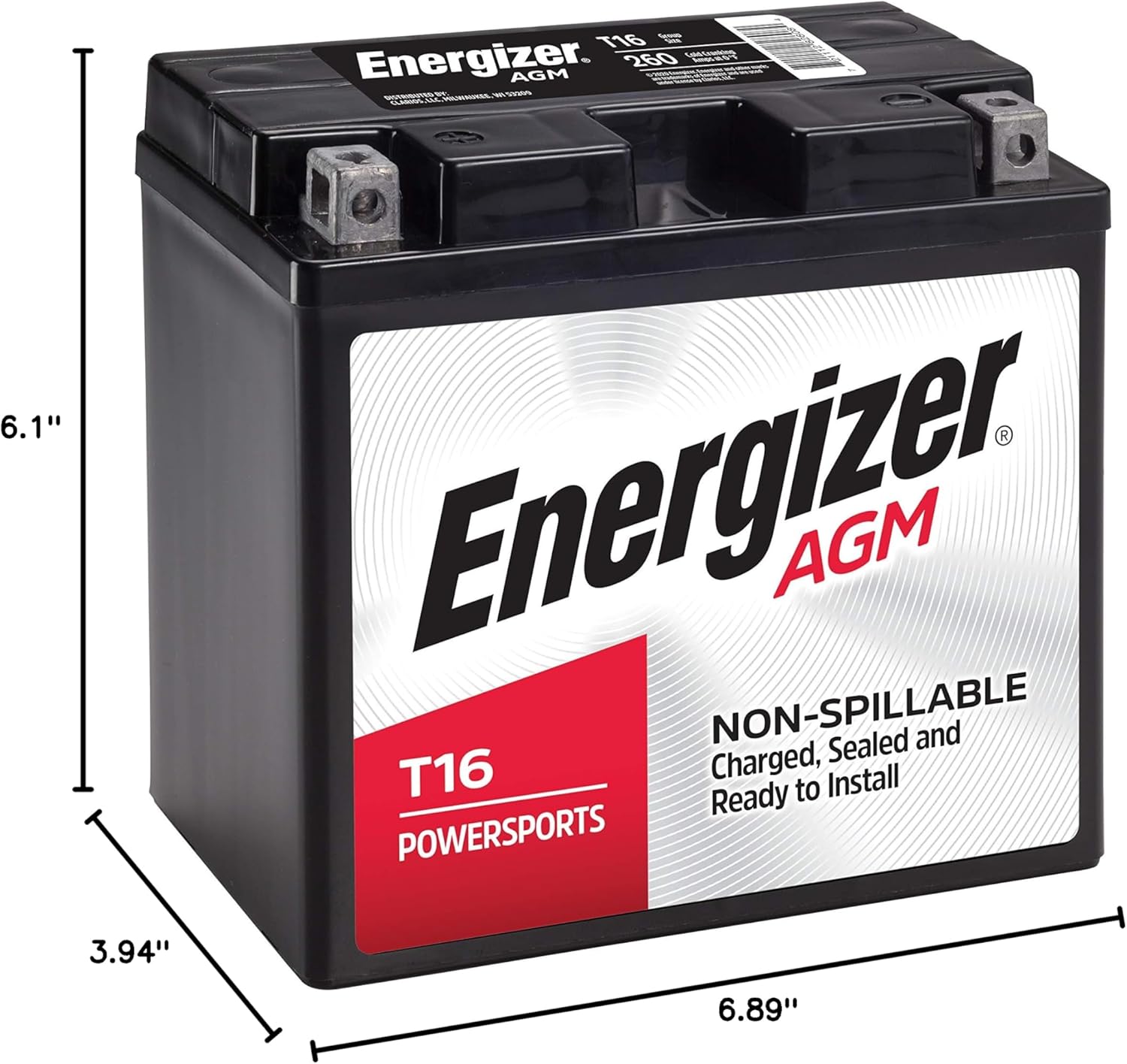 Energizer T16 AGM Motorcycle and Personal Water Craft 12V Battery, 260 Cold Cranking Amps and 19 Ahr. Replaces: T16 and others, Black