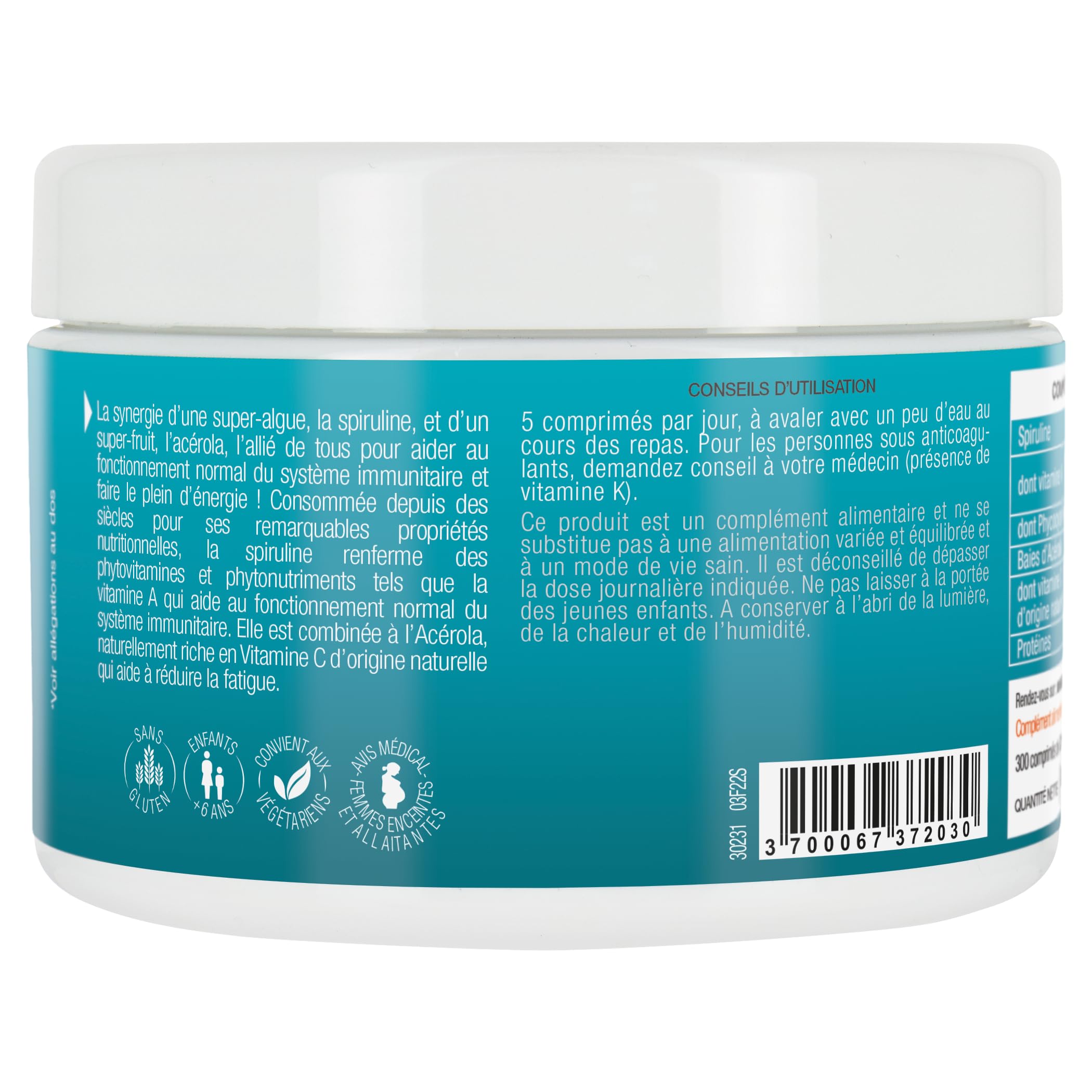 PHYTO-ACTIF | Spiruline & Acérola | Complément alimentaire Immunité & Vitalité | Système immunitaire renforcé | Réduit la fatigue | Riche en Vitamine C & Protéines végétales | 300 comprimés
