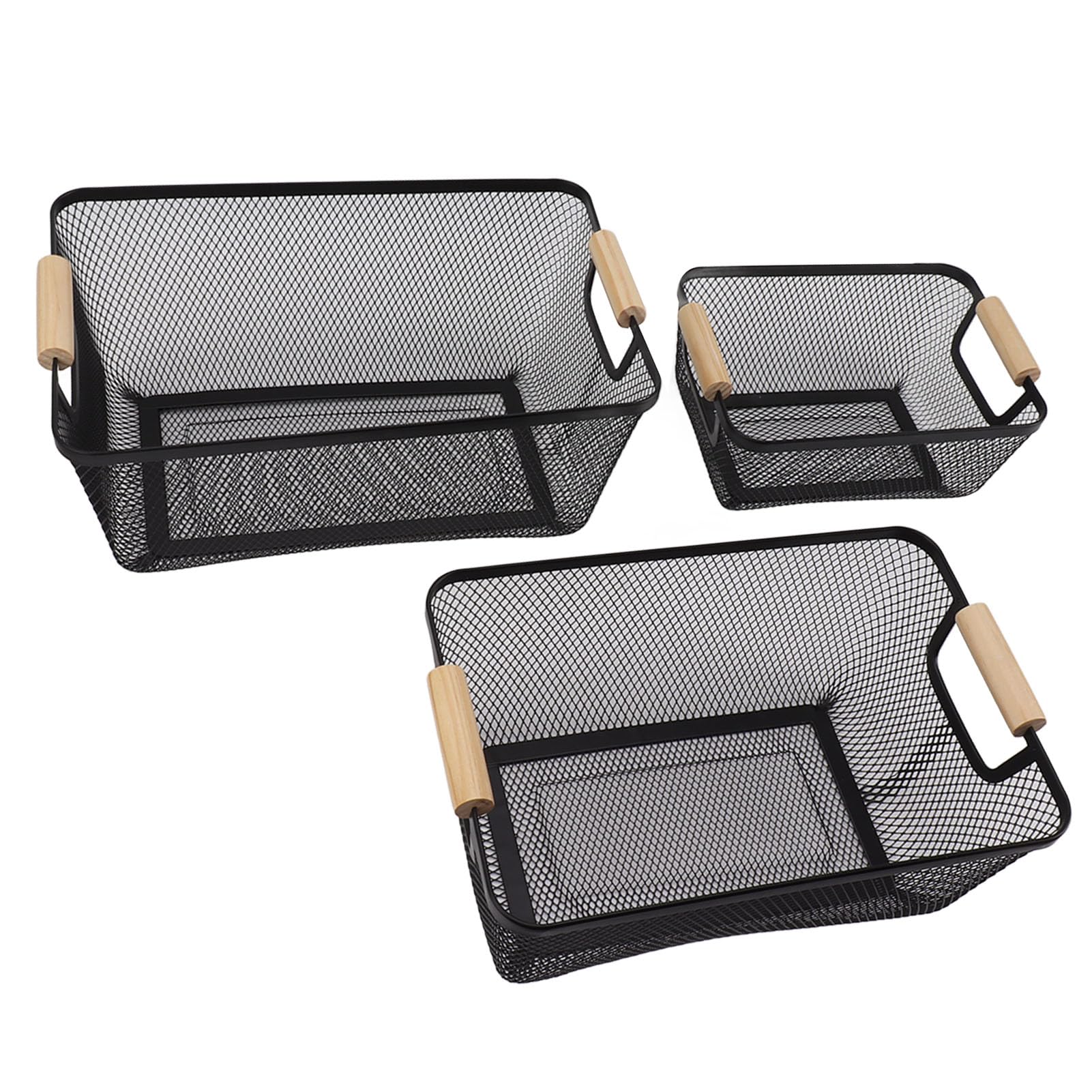 Cesta de almacenamiento con mango de hierro, contenedores organizadores para el hogar, cesta de malla de alambre con asas de madera, para cocina, baño, oficina, (Negra)