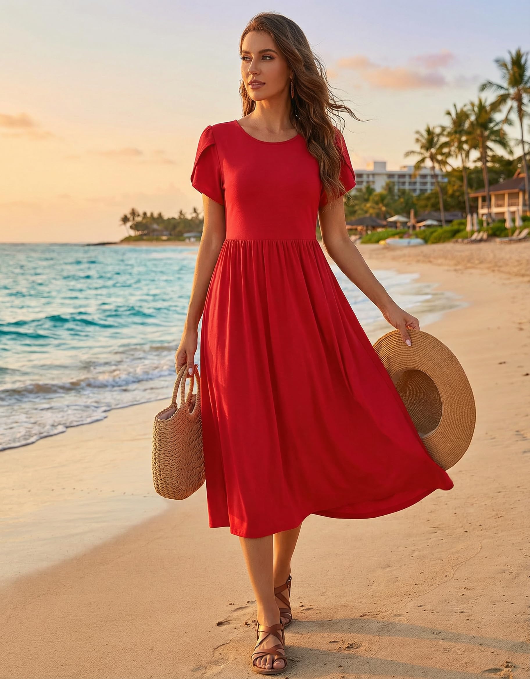 Hotouch Vestido de Verano para Mujer Manga Corta Cuello Redondo Casual Liso Vestido de Playa Línea A Midi con Bolsillo S-XXL