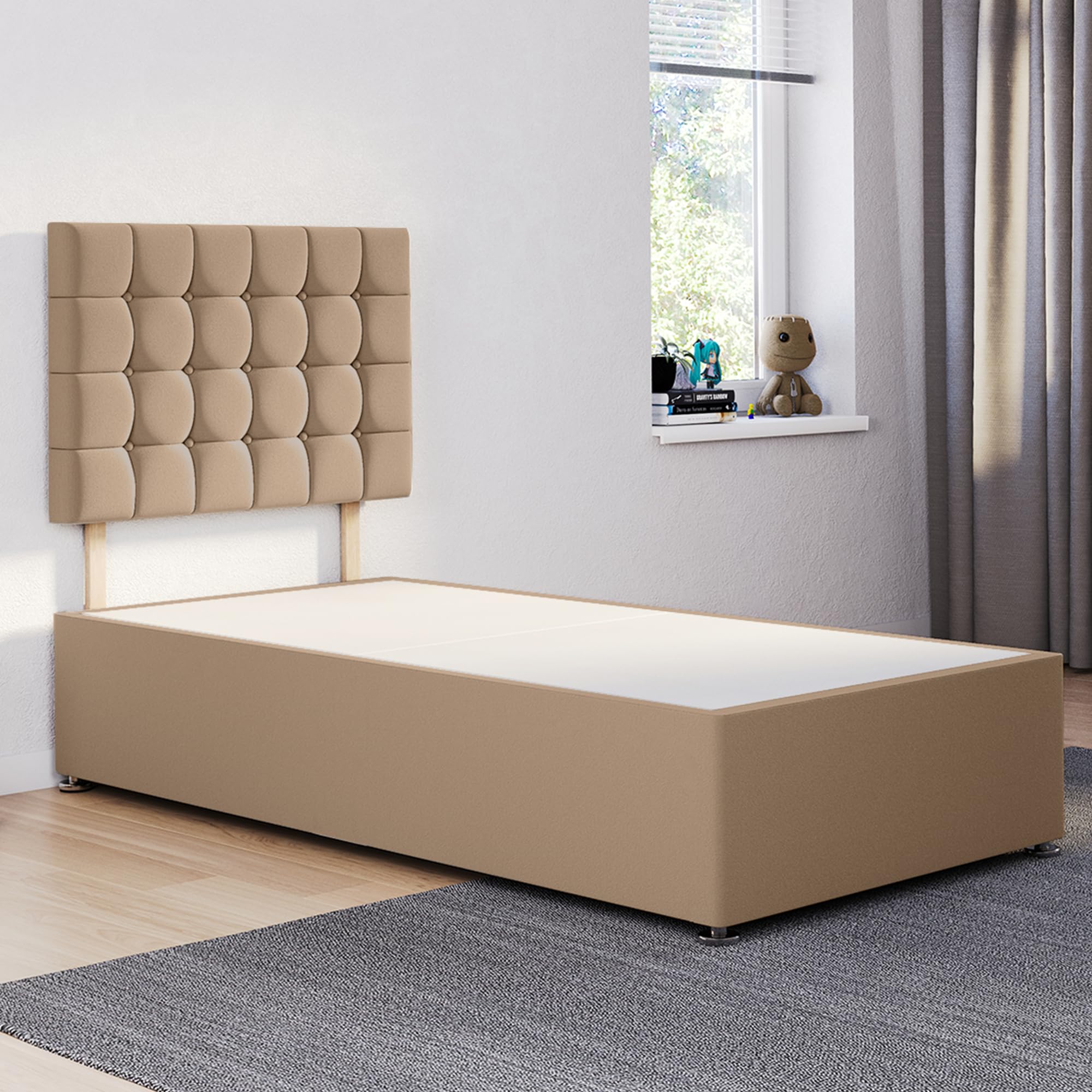 ComfoRest Single Divan Bed Base with Cubex Headboard - 3FT - (Mink Plush) - Reliable Frame for Daily Living - Suitable for Student Flats, Guest Areas or Small Bedrooms - No Mattress, No Drawers — image 1