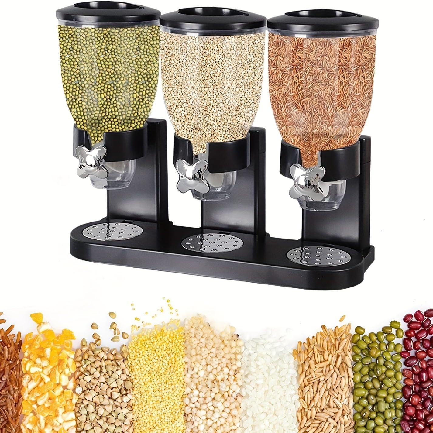 Dispensador de cereales, dispensador triple de alimentos, contenedor de almacenamiento compacto multifuncional para encimera para despensa de cocina casera, dispensador giratorio (Negra)