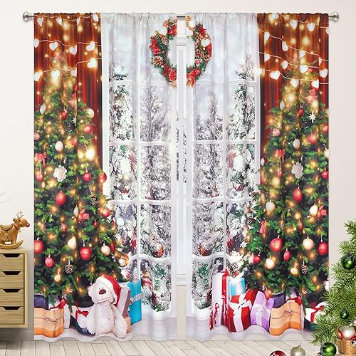 Miniatura 10 de Juego de 2 paneles de cortinas de Navidad para sala de estar, cortinas opacas con estampado de Papá Nochebuena, bolsillo para barra, cortina opaca