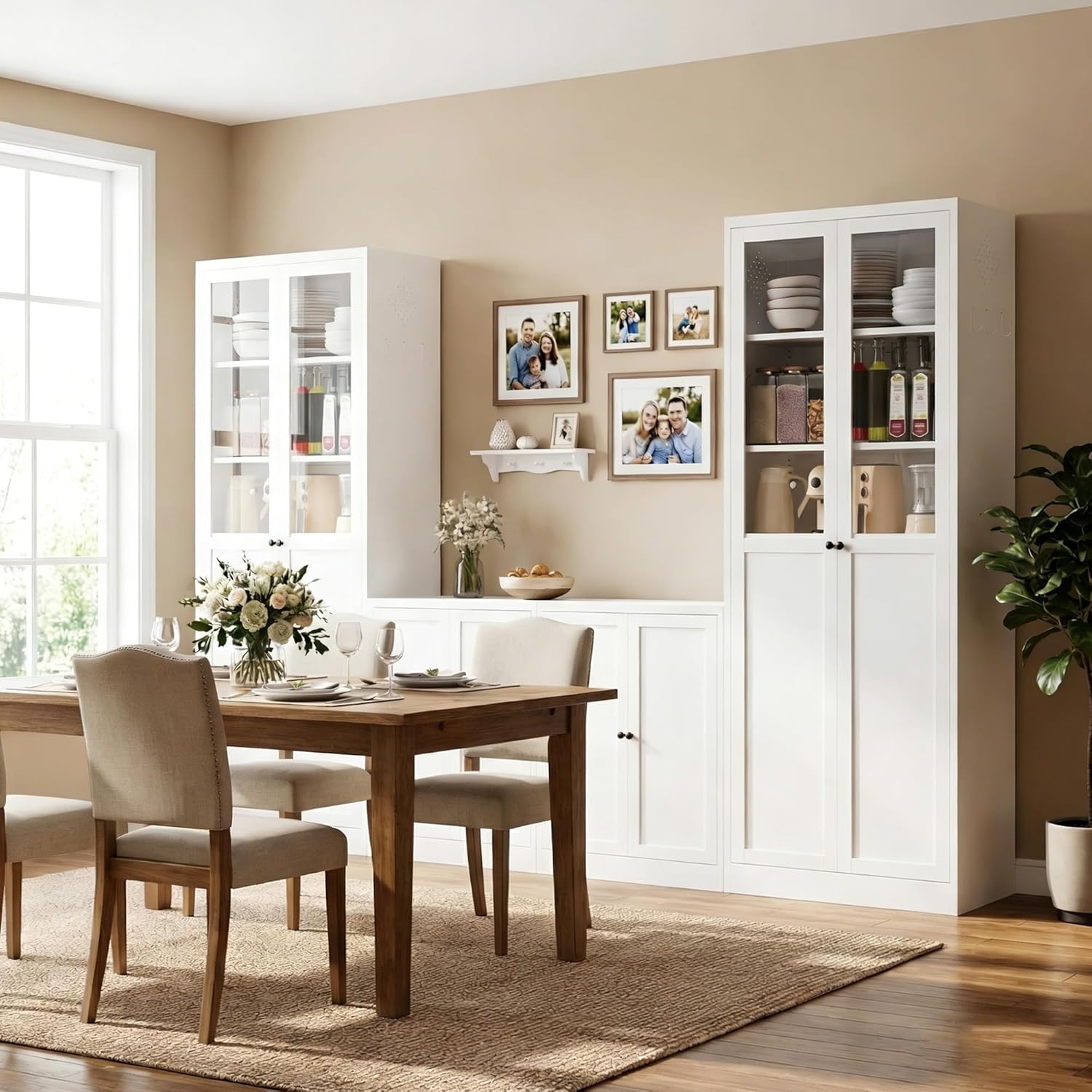 4-Piece Modern Metal Sideboard and Pantry Set,Built in Cabinets for Living Room Kitchen Cabinet Set, Adjustable Shelves, White