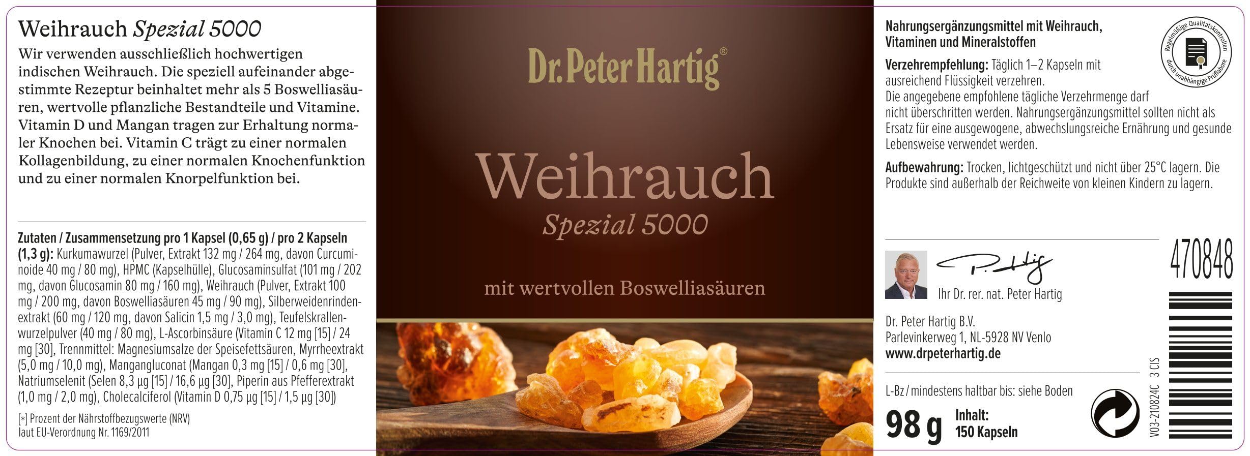 Dr. Peter Hartig Weihrauch SPEZIAL 5000 150 Kapseln 5-Monats-Vorrat aus indischem Weihrauch Boswelliasäuren Vitamin C Laborgeprüft Lactose- Gluten- und Hefefrei