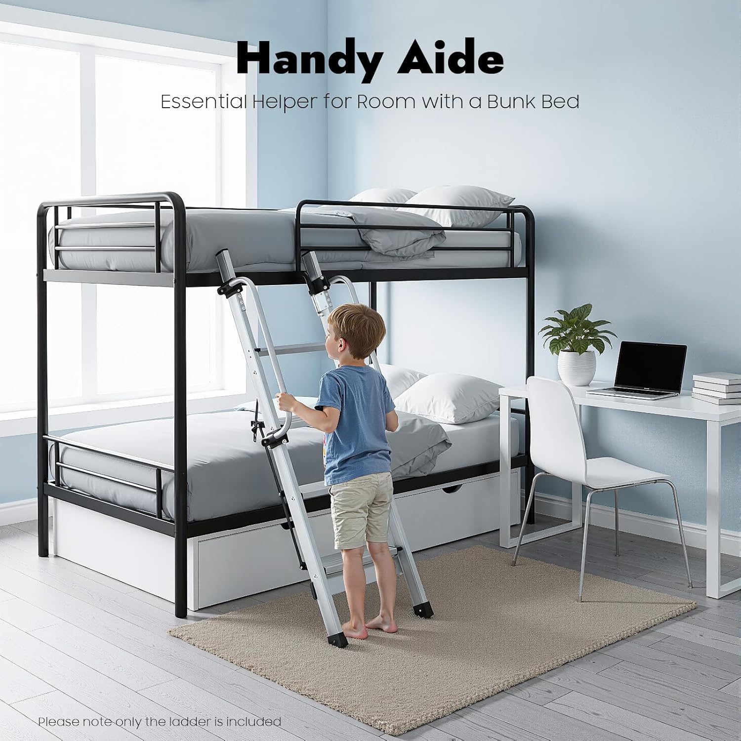 4 Step Aluminum Bunk Bed Ladder 4.7FT RV Bunk Ladder Anti-Slip 39.3''-47.2'' Height Adjustable Travel Trailer Bed Ladders 330LBS Load Heavy Duty Metal Step Ladder with Handrails Hooks