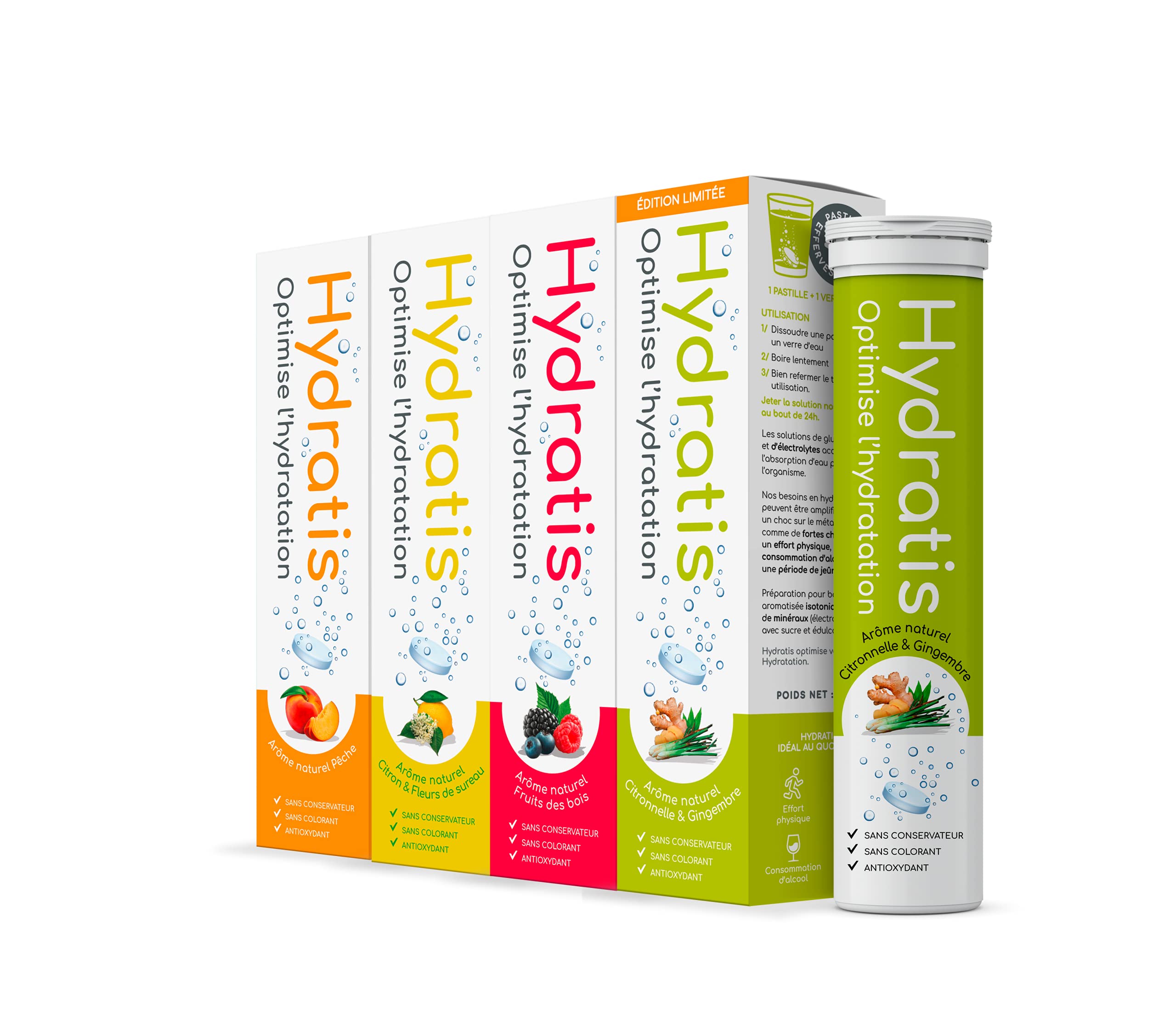 HYDRATIS - Pastillas efervescentes de 4 sabores ligeros y naturales - Optimiza la hidratación - Rico en minerales y electrolitos - Bajo en azúcar - Deporte, calambres, recuperación - 80 pastillas