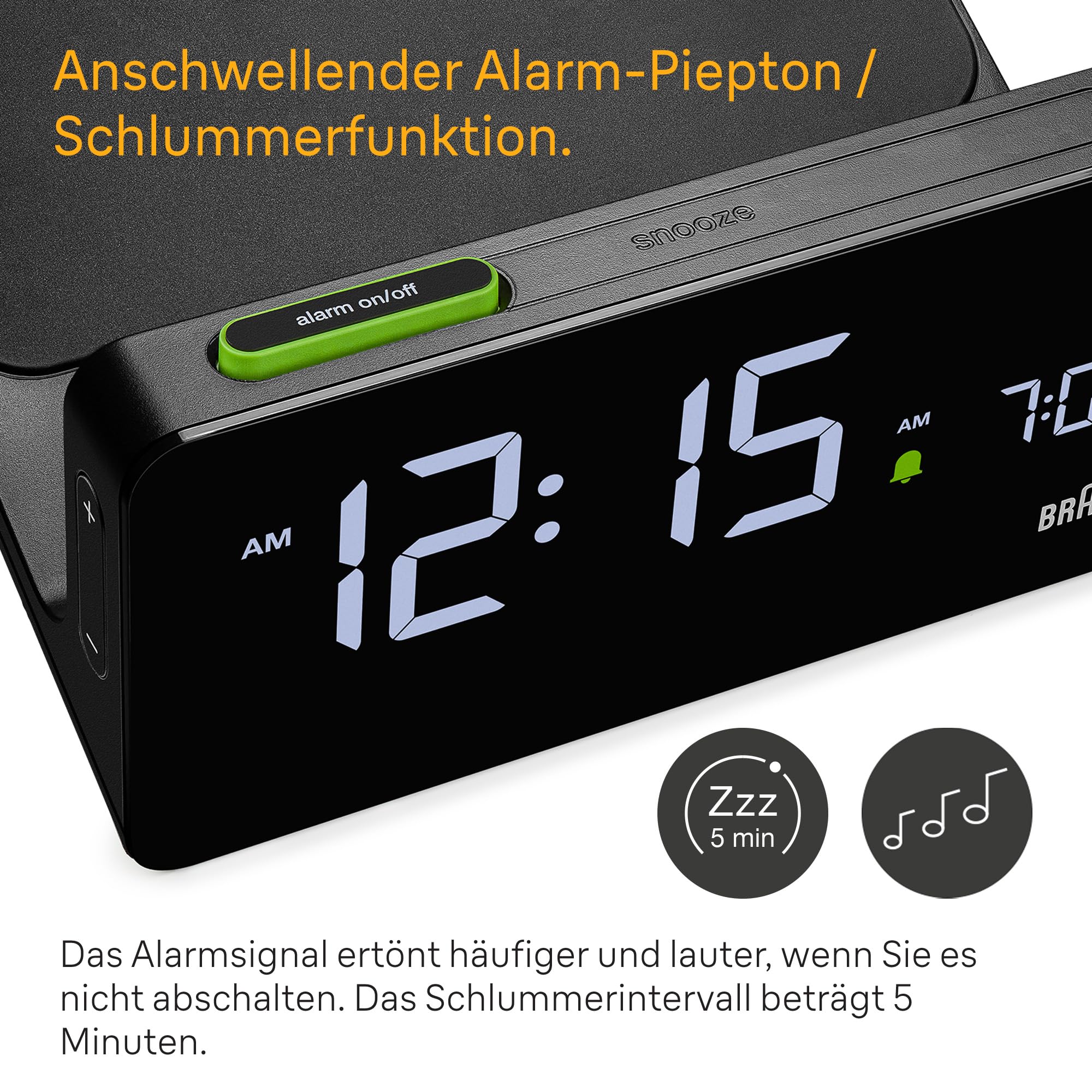 Braun Digitaler Wecker mit VA-LCD-Display, kabelloses 10W Qi-Schnellladepad, automatische Einstellung der Hintergrundbeleuchtung, Schnellschaltung, Pieptonwecker in Schwarz, Modell BC21B.
