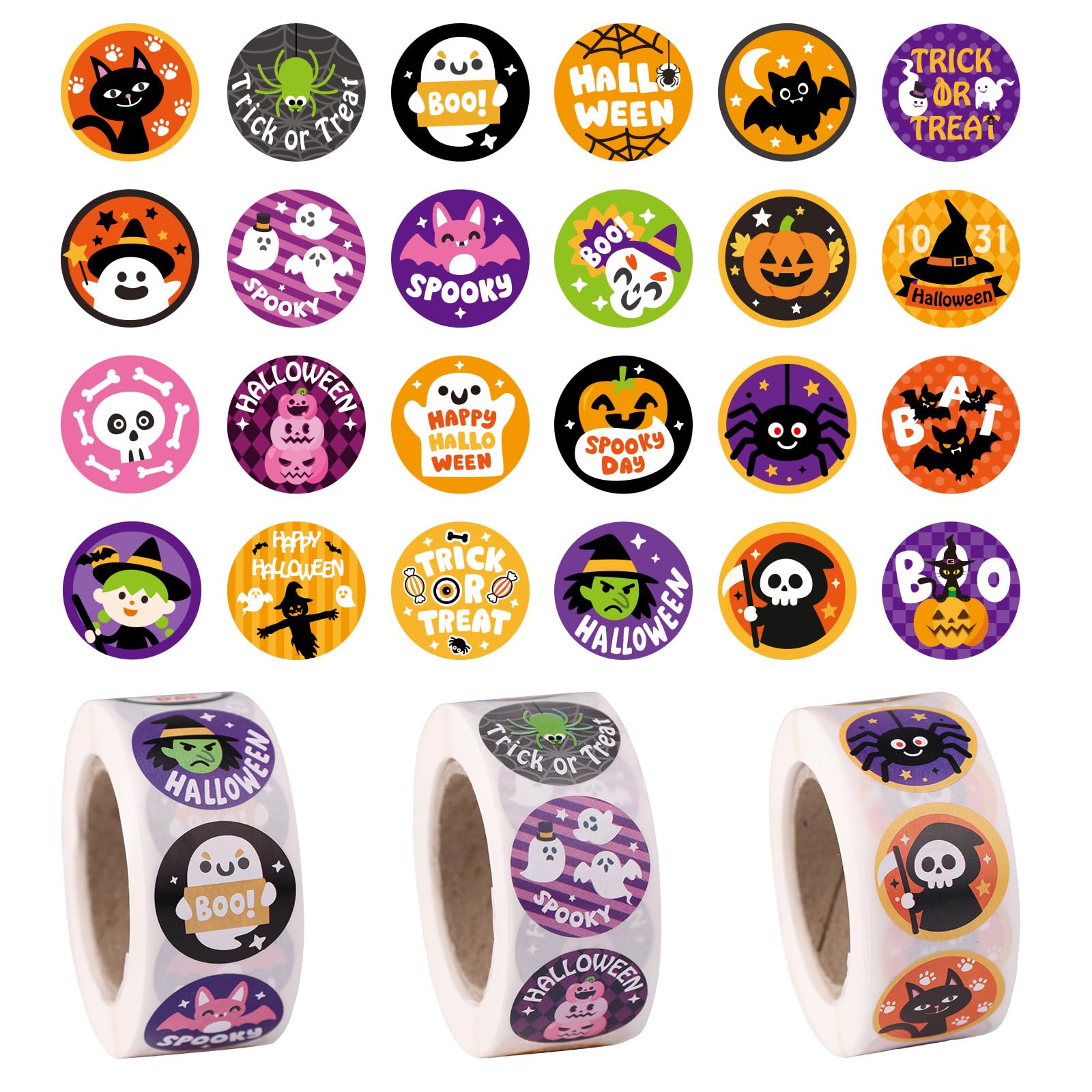 1500pcs Halloween Stickers for Kids, 24 Styles 1 Inch Round Cute Pumpkin Ghost Bat Spider Stickers Roll for Scrapbook Gifts Crafts Halloween Party Supplies