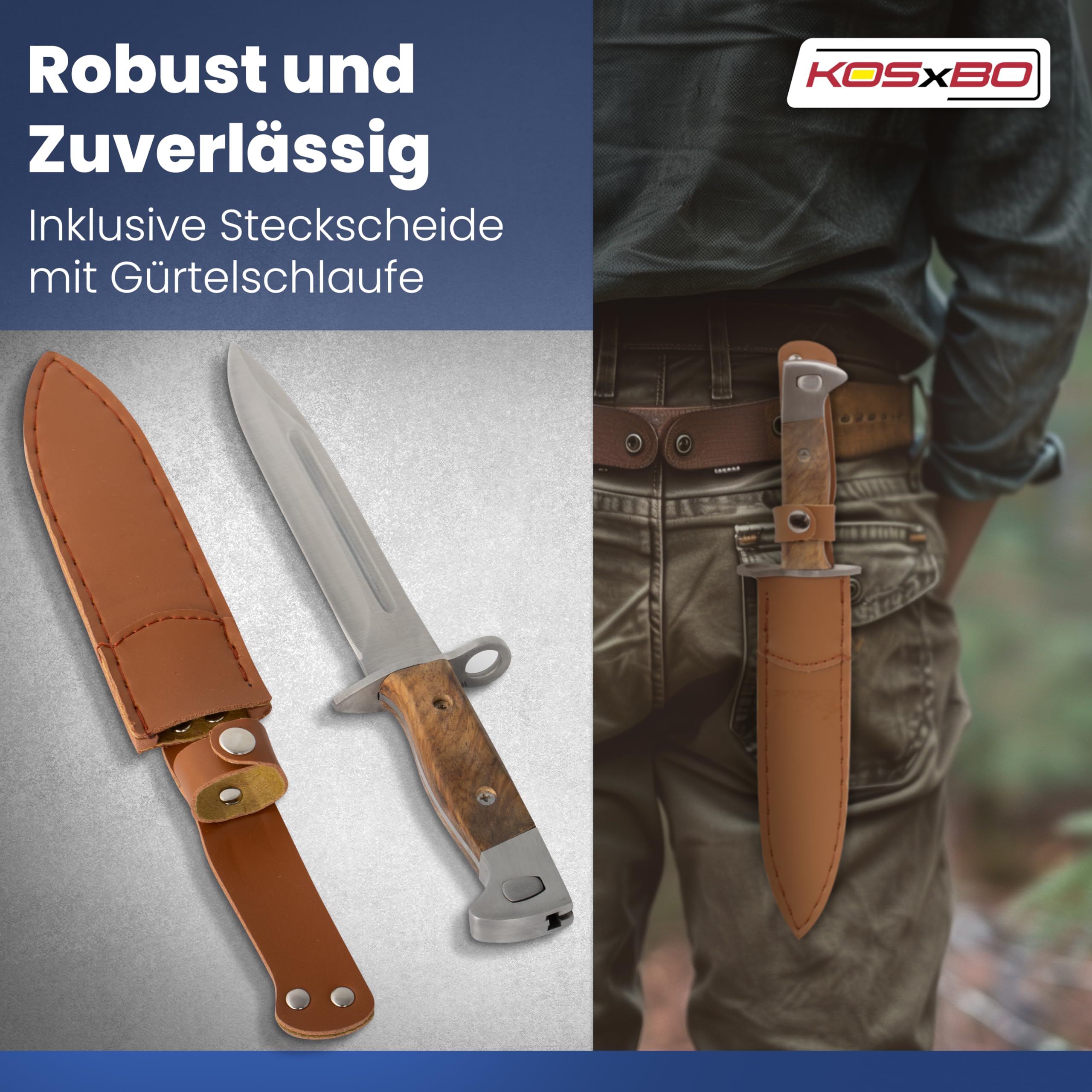 KOSxBO® AK UDSSR 47 Messer Bajonett inklusive Lederhülle Länge 31 cm AK Abfangmesser Jagd Angeln