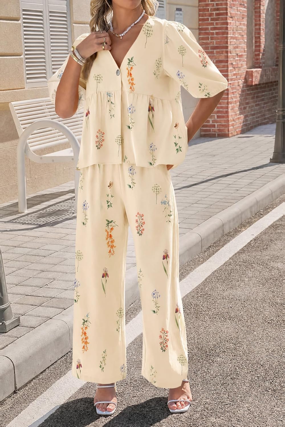 Tankaneo Womens 2 Piece Linen Sets Summer Vacation Outfits V Neck Puff Sleeve Babydoll Tops Wide Leg Pants Matching Sets