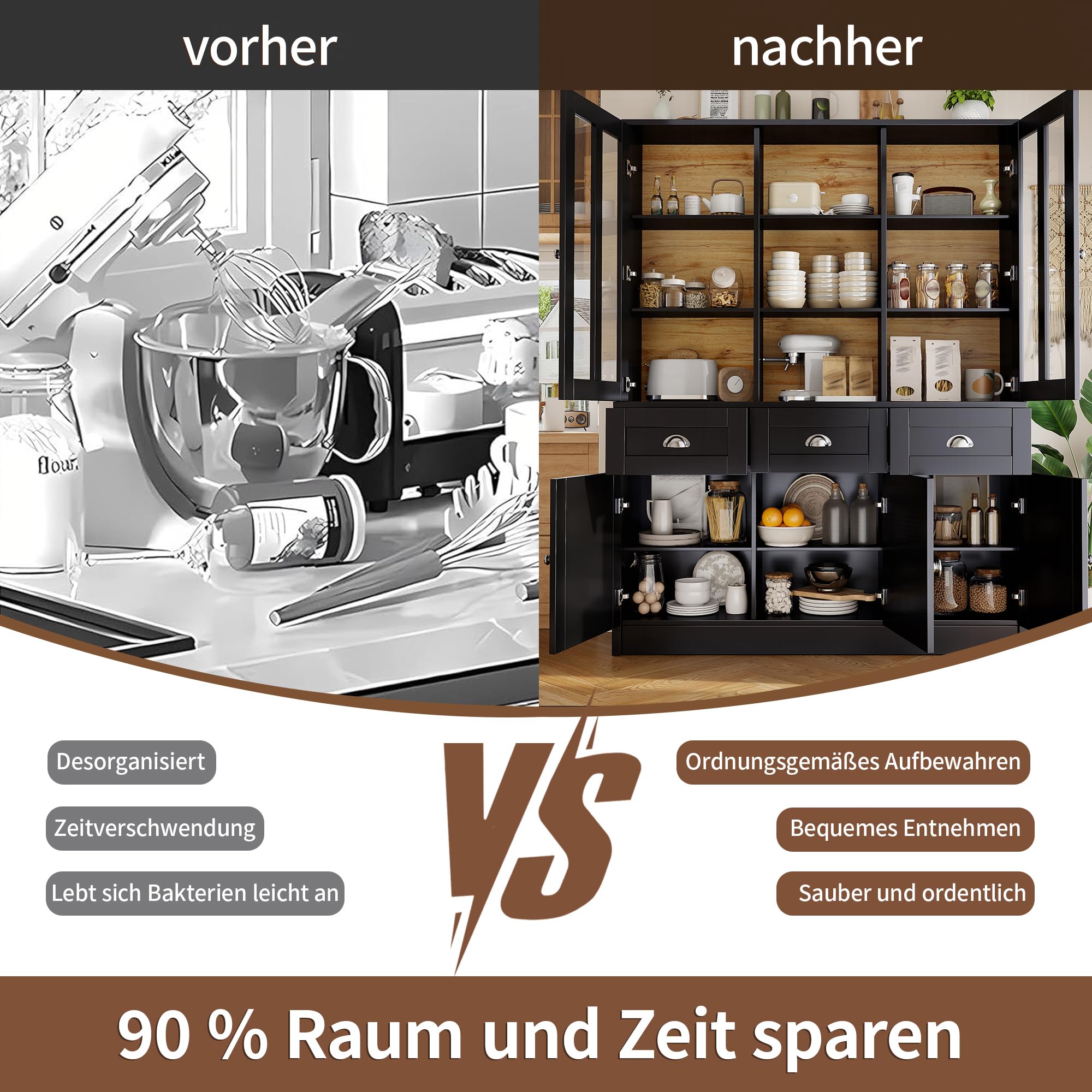 Hochschränke fürs Wohnzimmer,Vitrinenschrank,Küchenschrank,Esszimmerschrank mit Schubladen,Moderner Minimalistischer Hochschrank,Standvitrine für Küche Wohnzimmer Esszimmer(Schwarz (140×38.5×175cm))