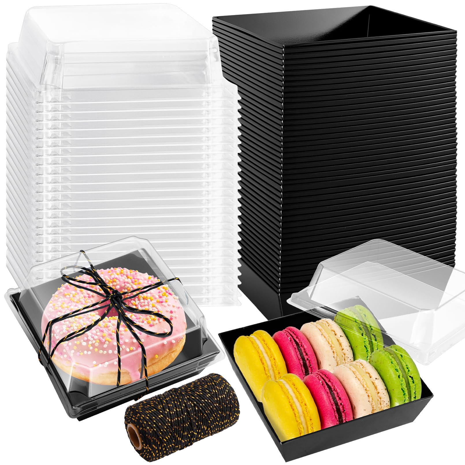 Enjamyo 100 Pack Paper Charcuterie Boxes with Clear Lids,4 Inches Disposable Square Dessert Boxes,Kraft Paper Food Containers Bakery Boxes with Rope for Sandwich,Cake Slice,Cookies,Dessert((Black)
