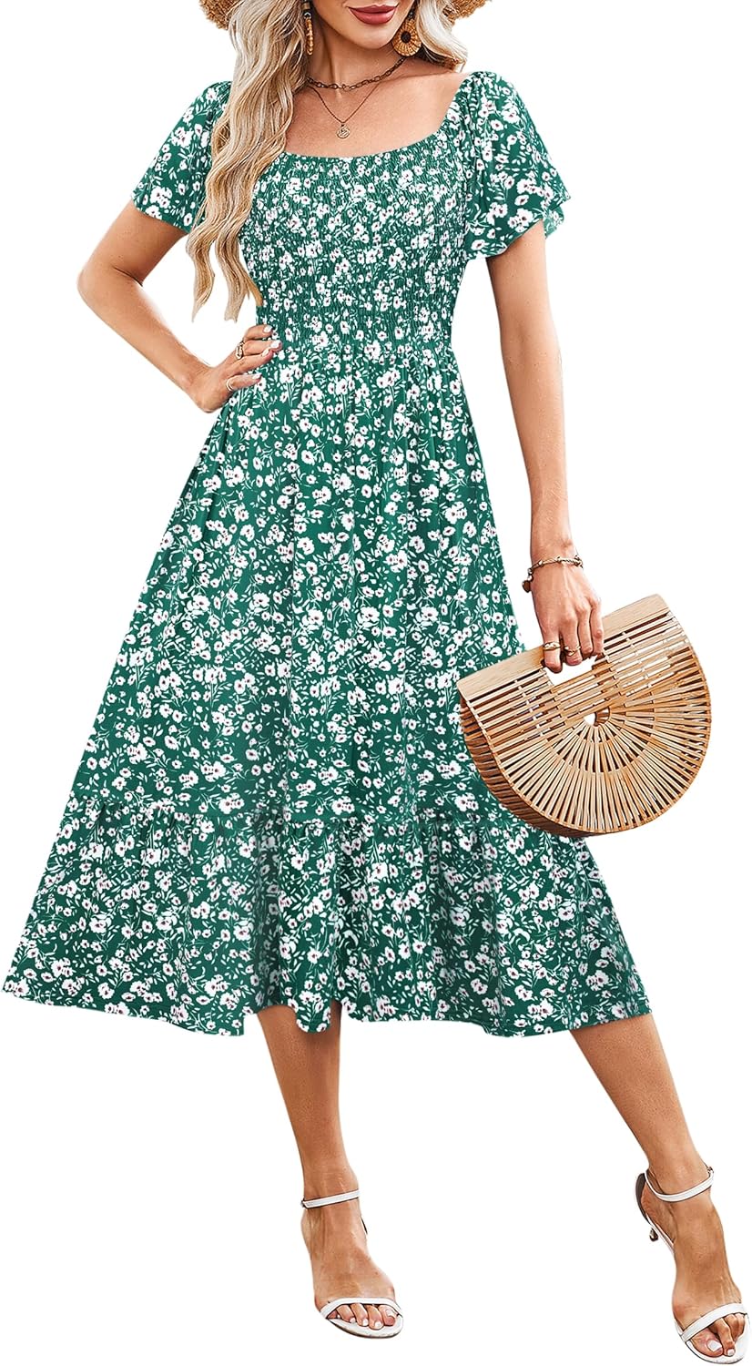 AUSELILY Women's Summer Empire Waist Dress Smocked Flutter Short Sleeve Square Neck Midi Dresses 2025 New