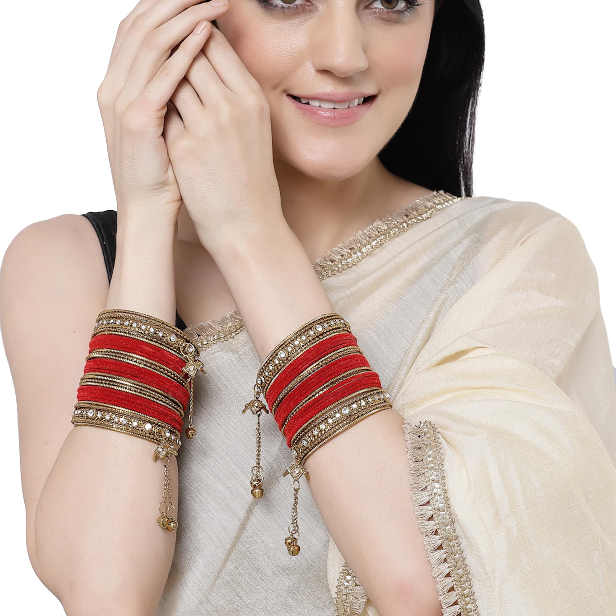 Gold-Plated Velvet Diamond Pearl Bangles Set of 56
