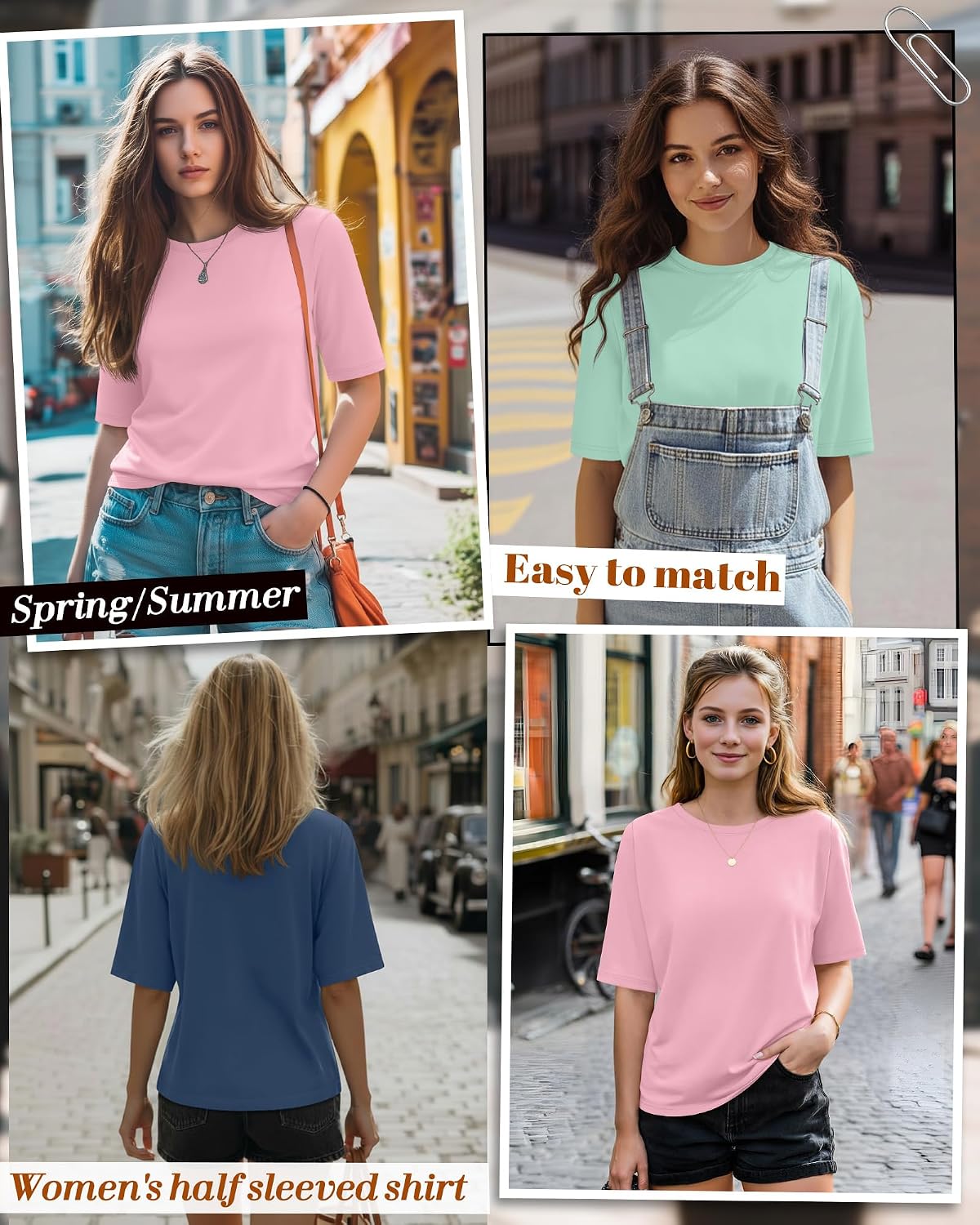 Huukeay 3 Pack Women's Half Sleeve T-Shirts, Crew Neck Elbow Length Tops Loose Casual Basic Tees Summer Tunic Tops