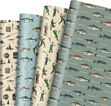 Pineraap Fishing Wrapping Paper 12 Sheets Vintage Fishing Angler Themed Gift Wrap Fish, Fisherman Design for Fishing Enthusiasts, Birthday, Fathers Day, Retirement, Graduation 20" x 28"