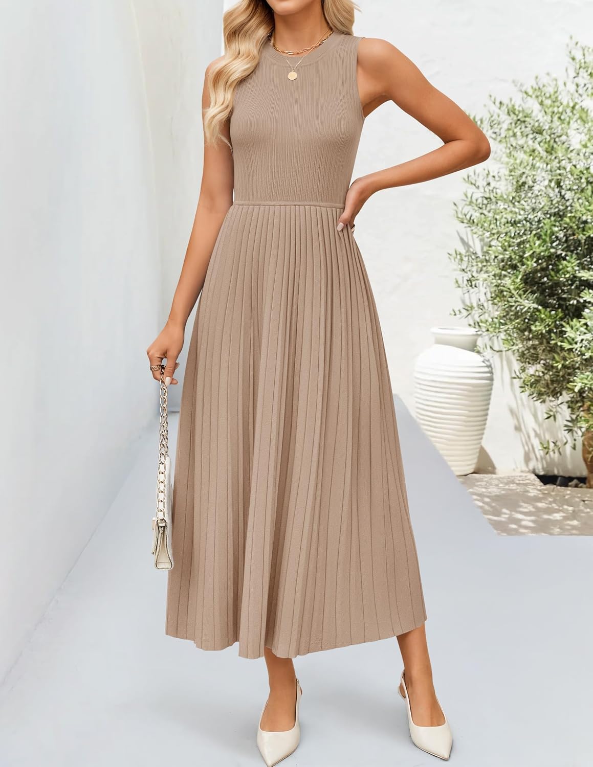 ZESICA Women's 2026 Summer Sleeveless Midi Dresses Casual Crewneck Ribbed Knit Pleated A Line Swing Long Party Dress - Image 3