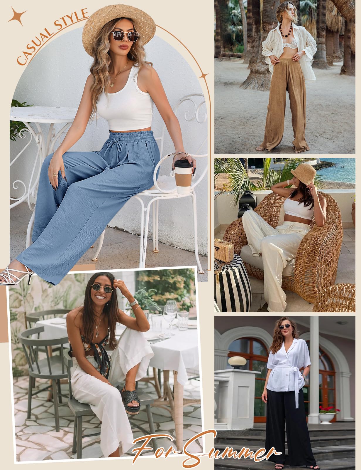 CMTOP Pantalon Femme Été Fluide à Jambes Larges Taille Haute Elastique avec Cordon de Serrage, Léger et Elegant de Plage Décontracté avec Poches