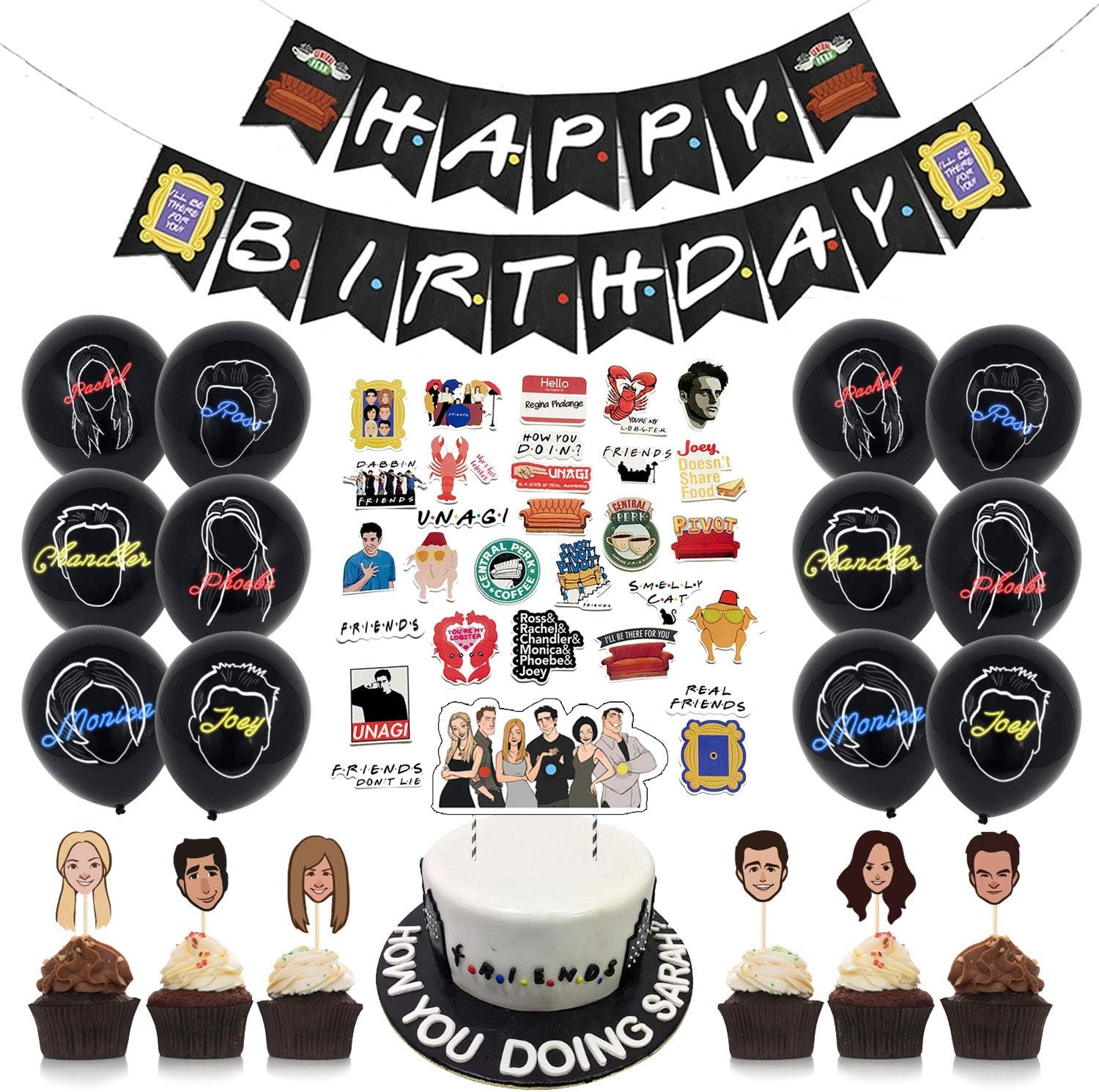 Vercico Party Decoration for Freinds Set of 68 Happy Birthday Banner Latex Balloons Cake Cupcake Toppers Tattoo Stickers Decoration Backdrop Party Supplies
