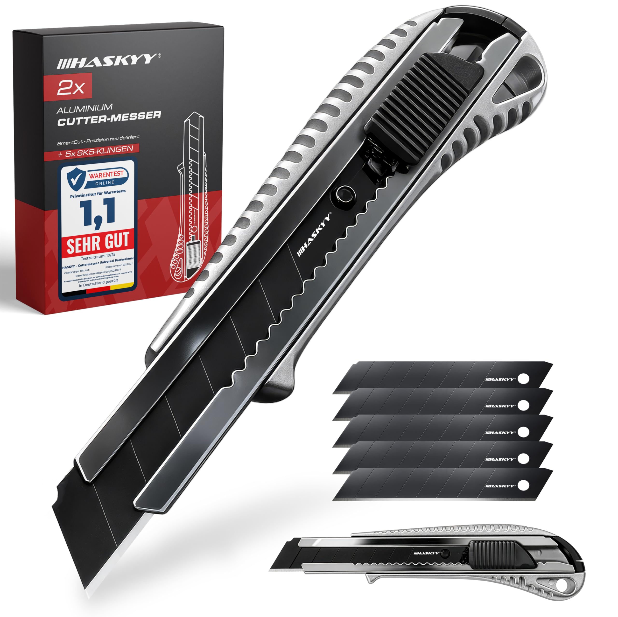 HASKYY Pack 2 Cúteres Profesionales 18mm + 5 Hojas SK5 Premium - Navajas de Seguridad con Auto-Lock