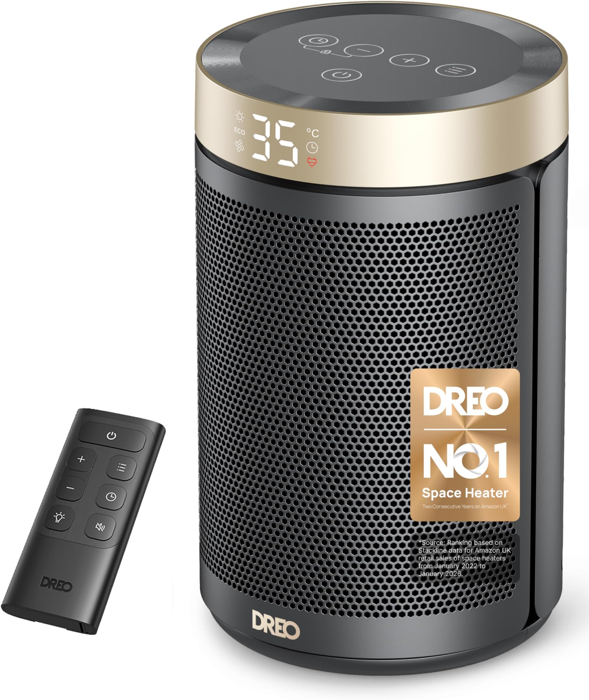 Dreo Electric Heater, 1500W Energy Efficient Space Room Heater, Upgrade Remote Portable Ceramic Fan Heaters, Thermostat, 3 Modes 12H Timer, Overheat & Tip Over Protection, for Bedroom, Atom 316, Gold