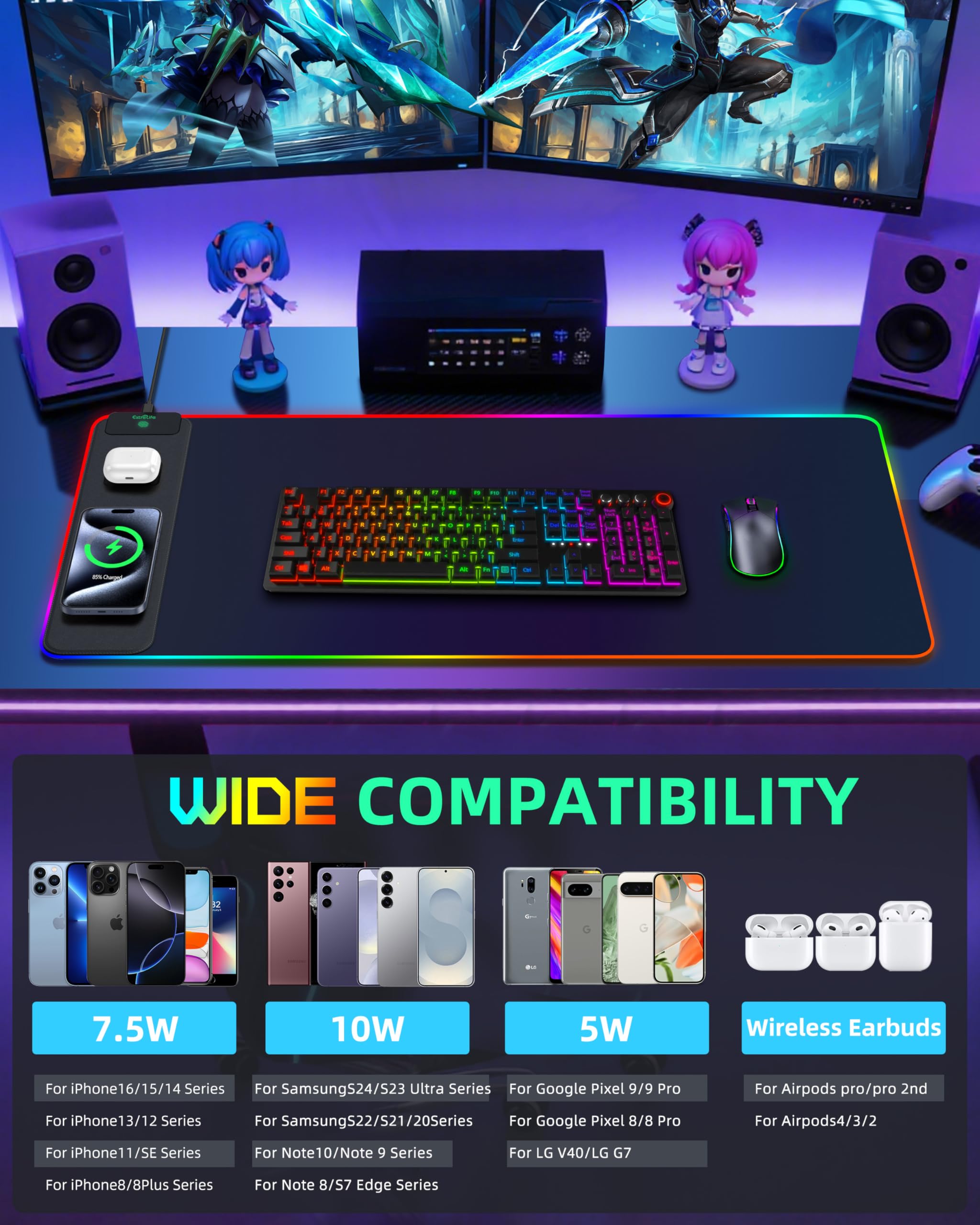 Tappetino per mouse con ricarica wireless, tappetino da scrivania da gioco RGB, tappetino da scrivania XXL da 80 x 40 cm, 15 modalità di illuminazione, tappetino per mouse antiscivolo, tappetino per