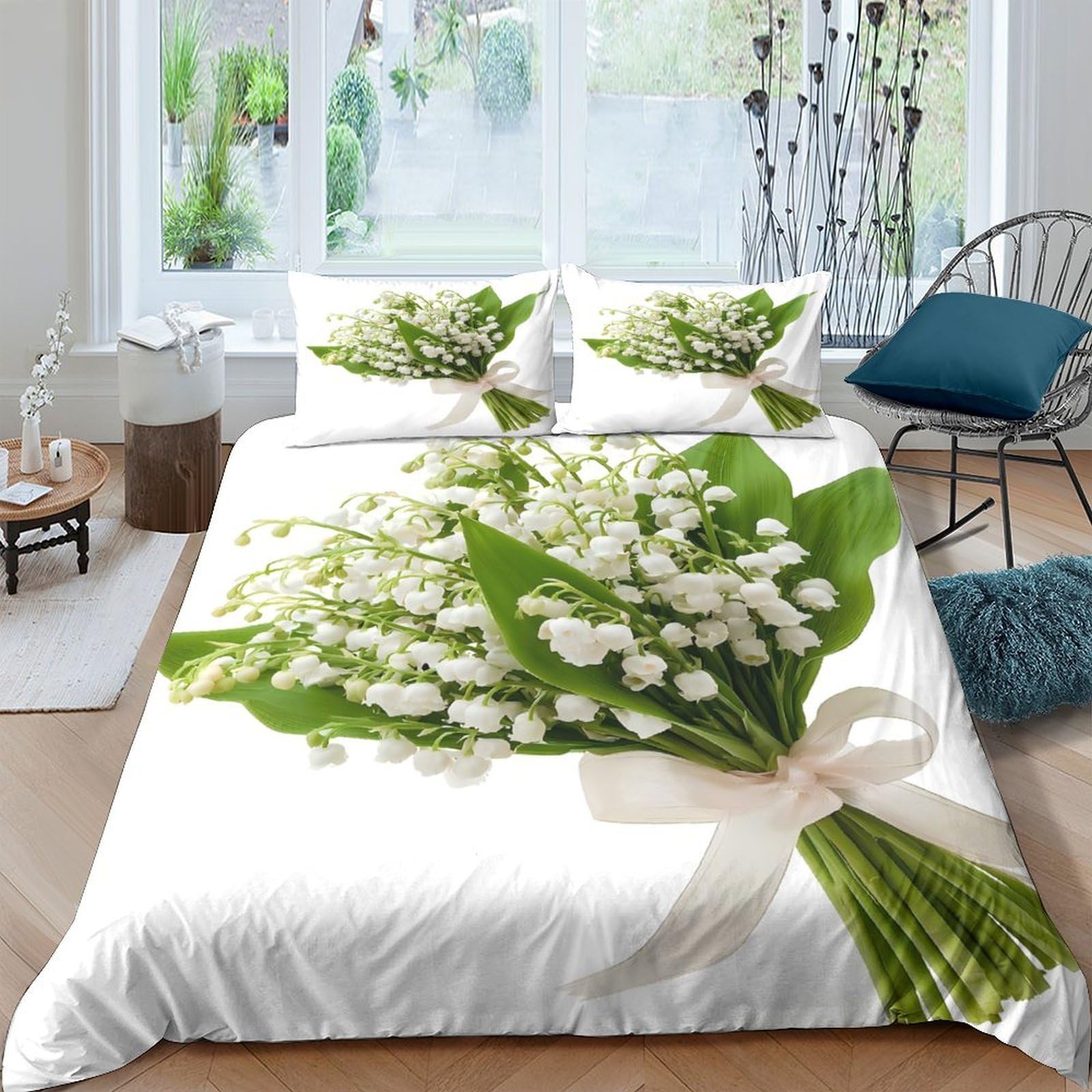 Ctjqhvkz Style-5 3D Printed Lily Of The Valley Fitted Sheet Microfiber Soft Green Bouquet Mattress Cover Bedroom Decor Washable Single（135X200cm）