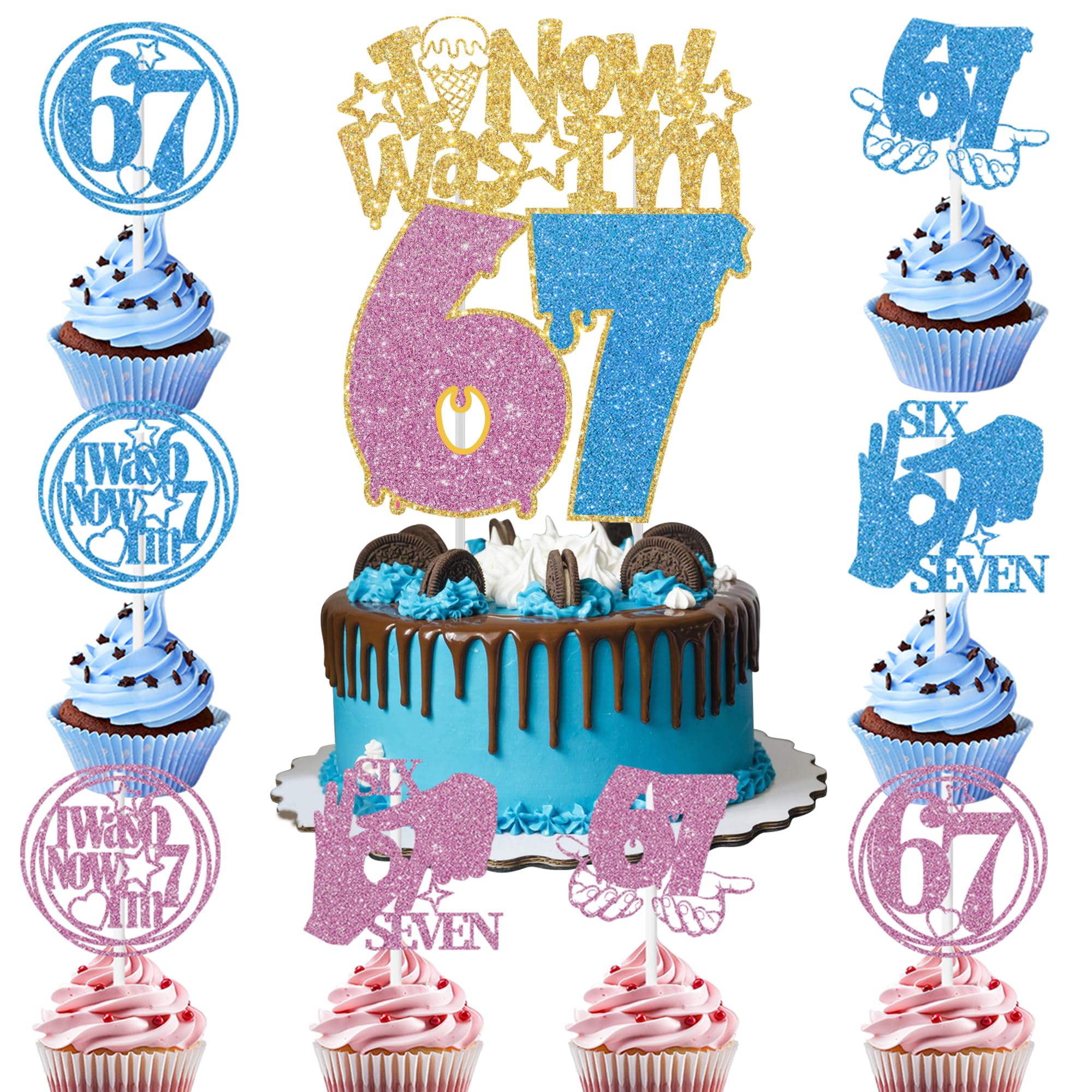6 7 Birthday Cake Toppers - 25 Pcs Glitter Blue Pink I Was 6 Now I M 7 Large Cake Topper Mini Cupcake Toppers Six Seven for 6-7 Meme Kids Girls Boys Birthday Party Supplies