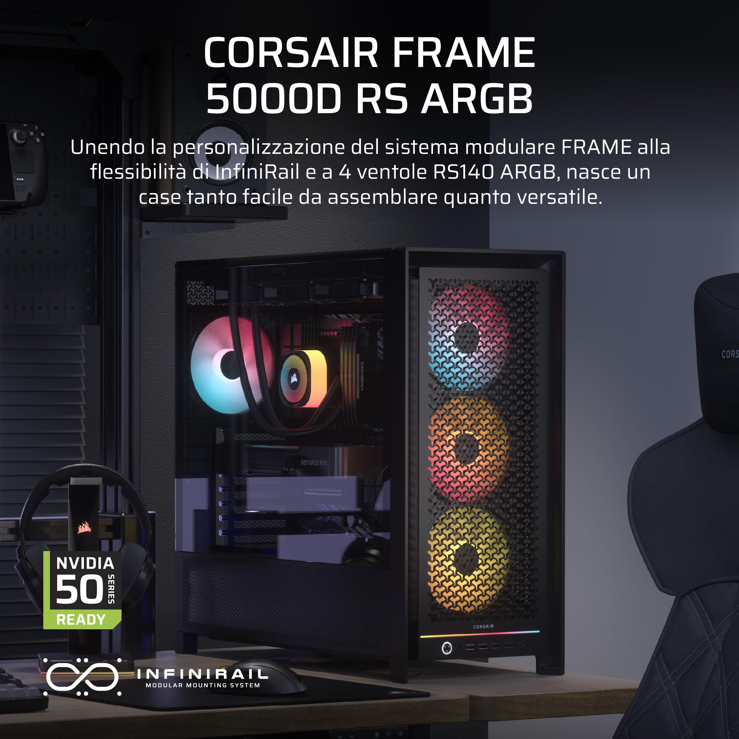 CORSAIR FRAME 5000D RS ARGB Modulare Flusso d'aria Elevato Mid-Tower PC Case – 4x Ventole RS Preinstallate, Sistema di Montaggio Delle Ventole InfiniRail, Scheda Madre a Connettore Inverso – Nero