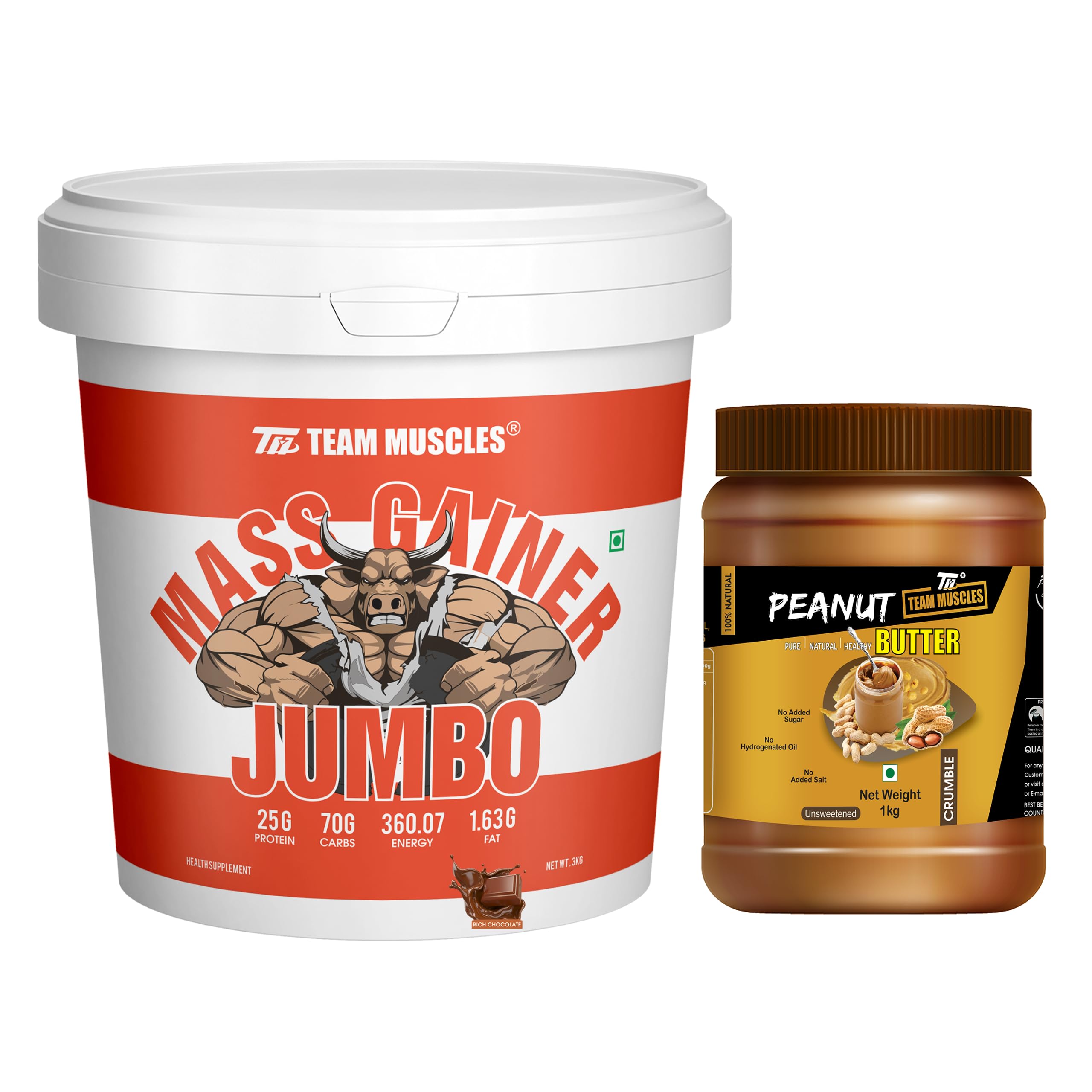 Team Muscles Jumbo Mass Gainer-3 Kg With TM Peanut Butter-1 Kg | Weight Gainer | Muscle Gainer | Mass Gainer (Rich Chocolate)