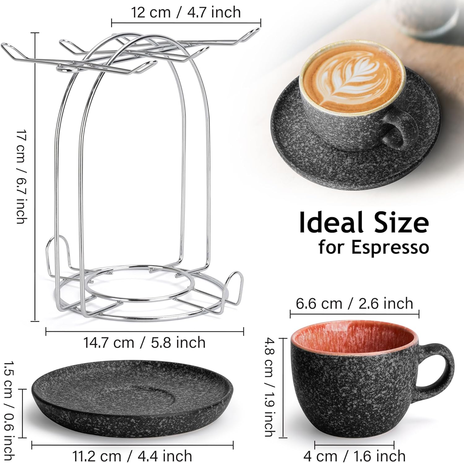 MIAMIO – 2.7 Oz Ceramic Stackable Espresso Cups with Saucers and Metal Stand, Set of 6 Espresso Cup, Demitasse Cups, Coffee Mugs for Espresso, Latte, Café Mocha & Tea – Las Palmitas Collection - Image 2