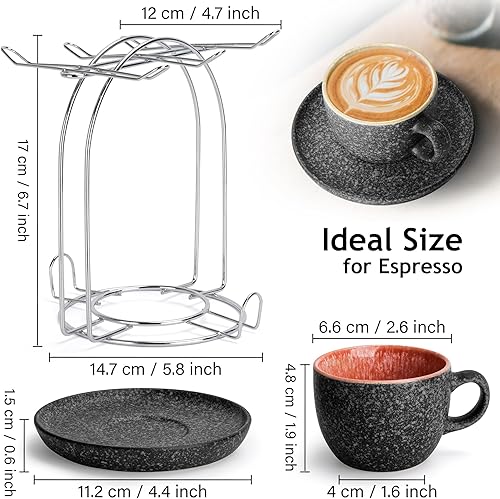 Miniatura 2 de MIAMIO – 2.7 Oz Ceramic Stackable Espresso Cups with Saucers and Metal Stand, Set of 6 Espresso Cup, Demitasse Cups, Coffee Mugs for Espresso,