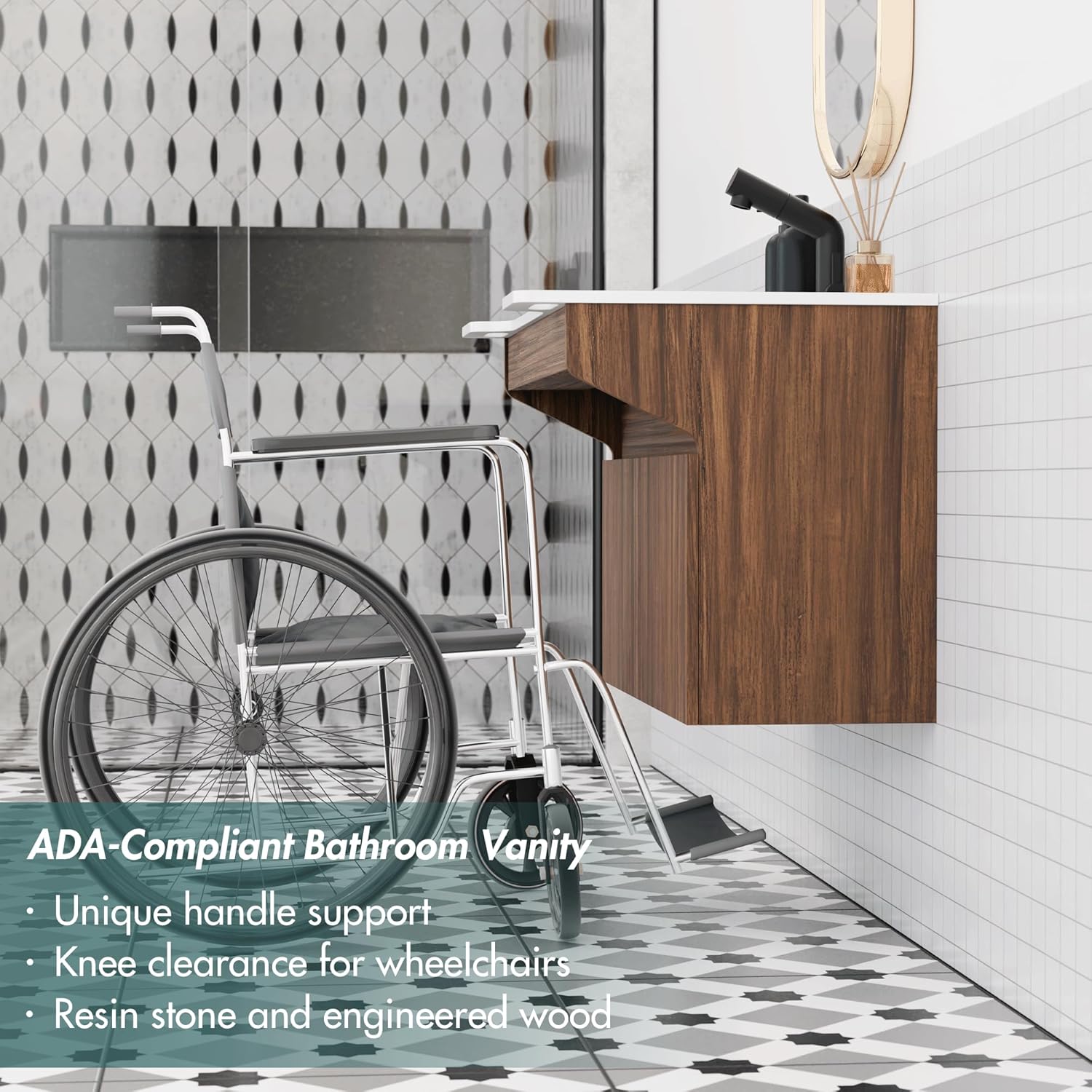 GESIPOR Bathroom Vanity Sink Ada Compliant with Engineered Wood Cabinet Wall-Mount Stone Resin Floating Vanity Modern Hand Support for Elderly, Seniors, Handicap & Disabled