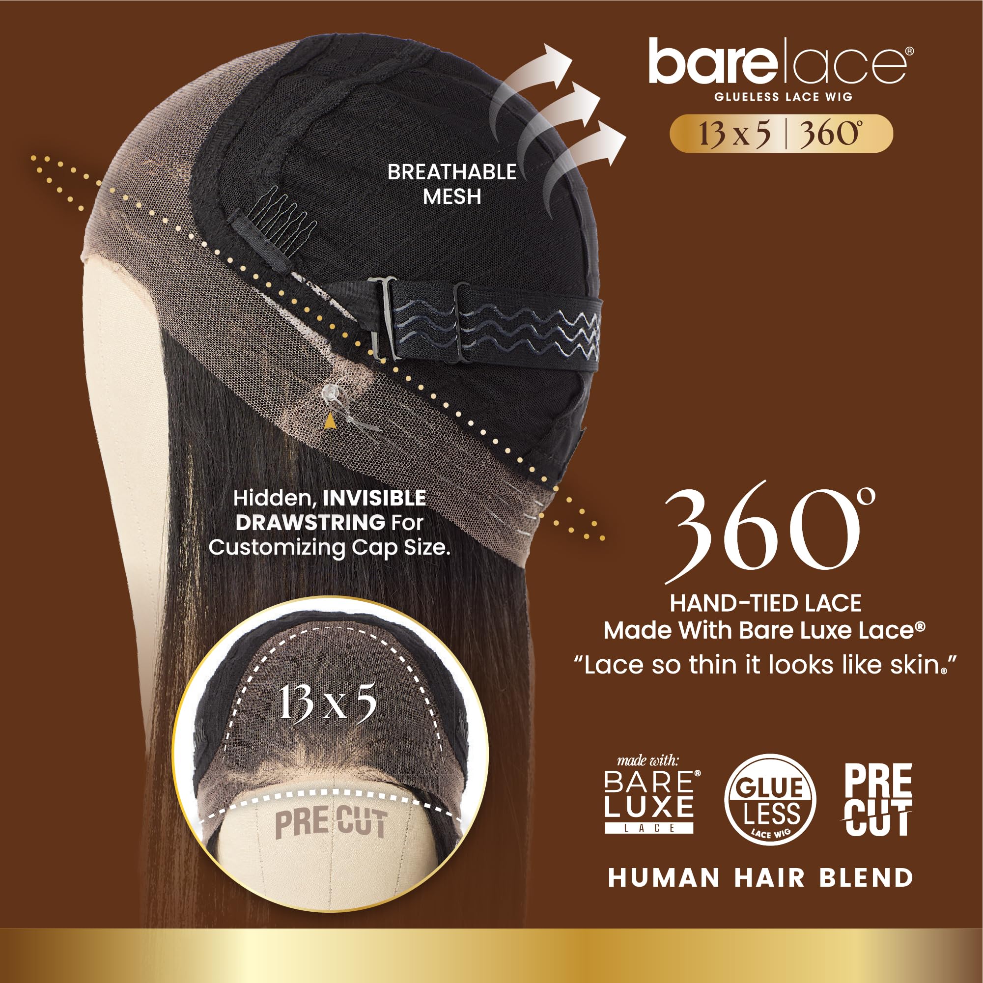 Sensationnel Barelace - Parrucca con pizzo 360 cm, 3 ciocche di capelli umani senza colla, con separazione profonda pre-tagliata (1B OFFBLACK)
