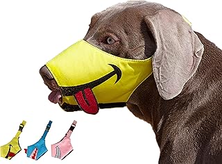 FOOTPET Dog Muzzle, Smiley Face Muzzle with Soft Breathable Air Mesh Nylon, Anti Biting Barking Chewing, Adjustable Dog Mouth Cover for Medium, Large, Extra Large Dogs (Yellow, L)