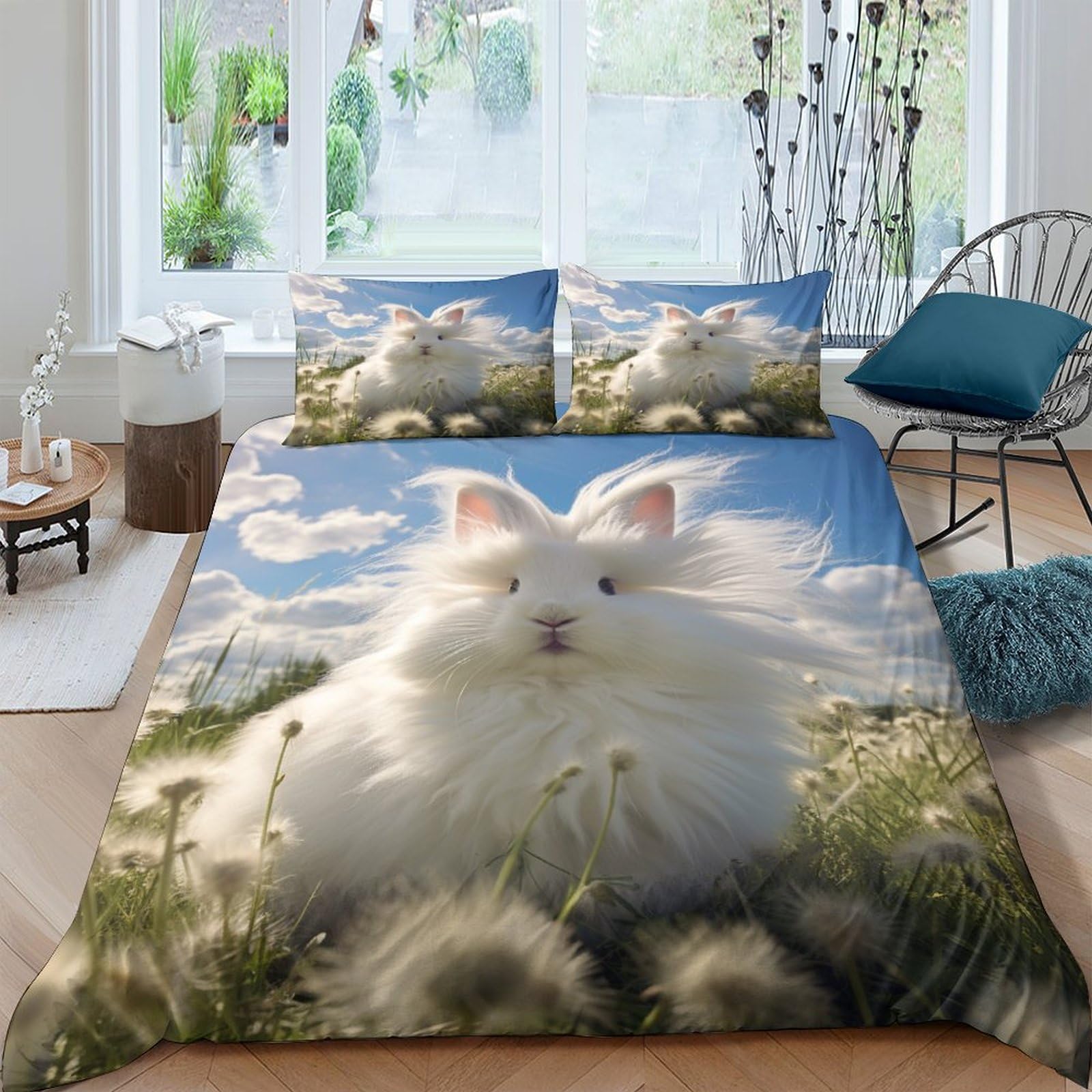 Housse de couette lapin 200x200cm anti-plis en microfibre douce