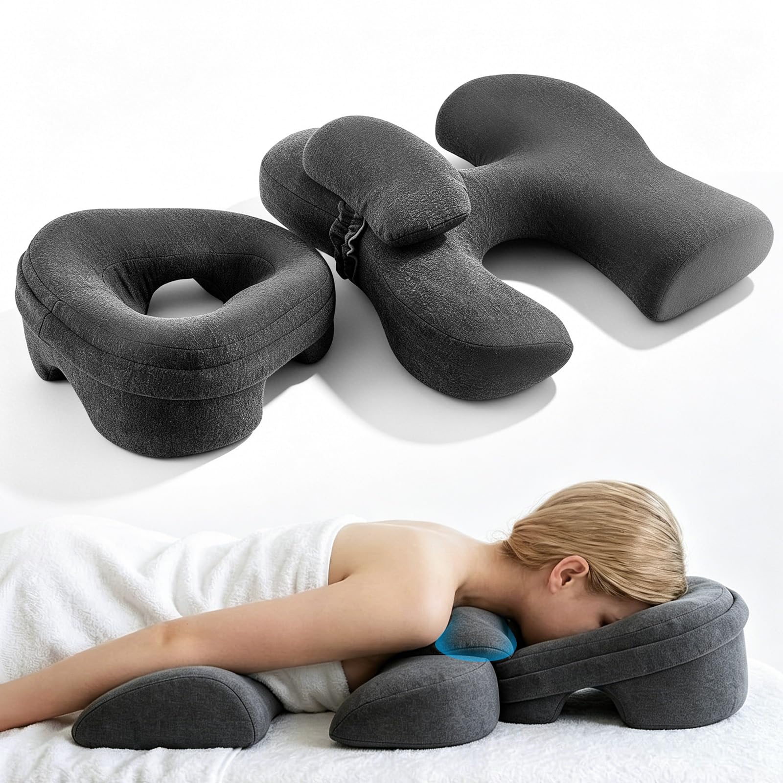 Poggiatesta massaggiante per letto, set da 3 pezzi, cuscino per il petto a T, cuscino per il viso con foro per testa e cuscino per il collo, supporto ergonomico per la posizione addominale
