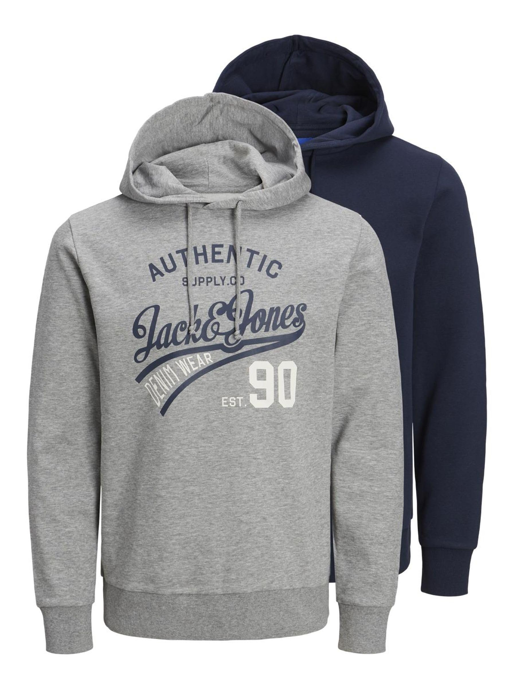 JACK & JONES Mens Ethan 2 Pack Hoodie Navy/Light Grey Marl XL