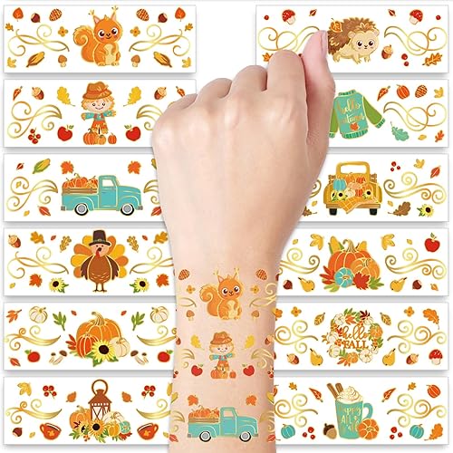 Miniatura 1 de Whaline 60 tatuajes temporales de otoño para niños, pulsera de tatuaje de lámina dorada de Acción de Gracias, pavo, calabaza, camión, tatuajes,