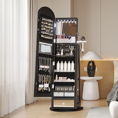 Miniatura 9 de LVSOMT Espejo iluminado de longitud completa con perchero, espejo giratorio de 360 con almacenamiento de joyas, espejo de piso con soporte de valet